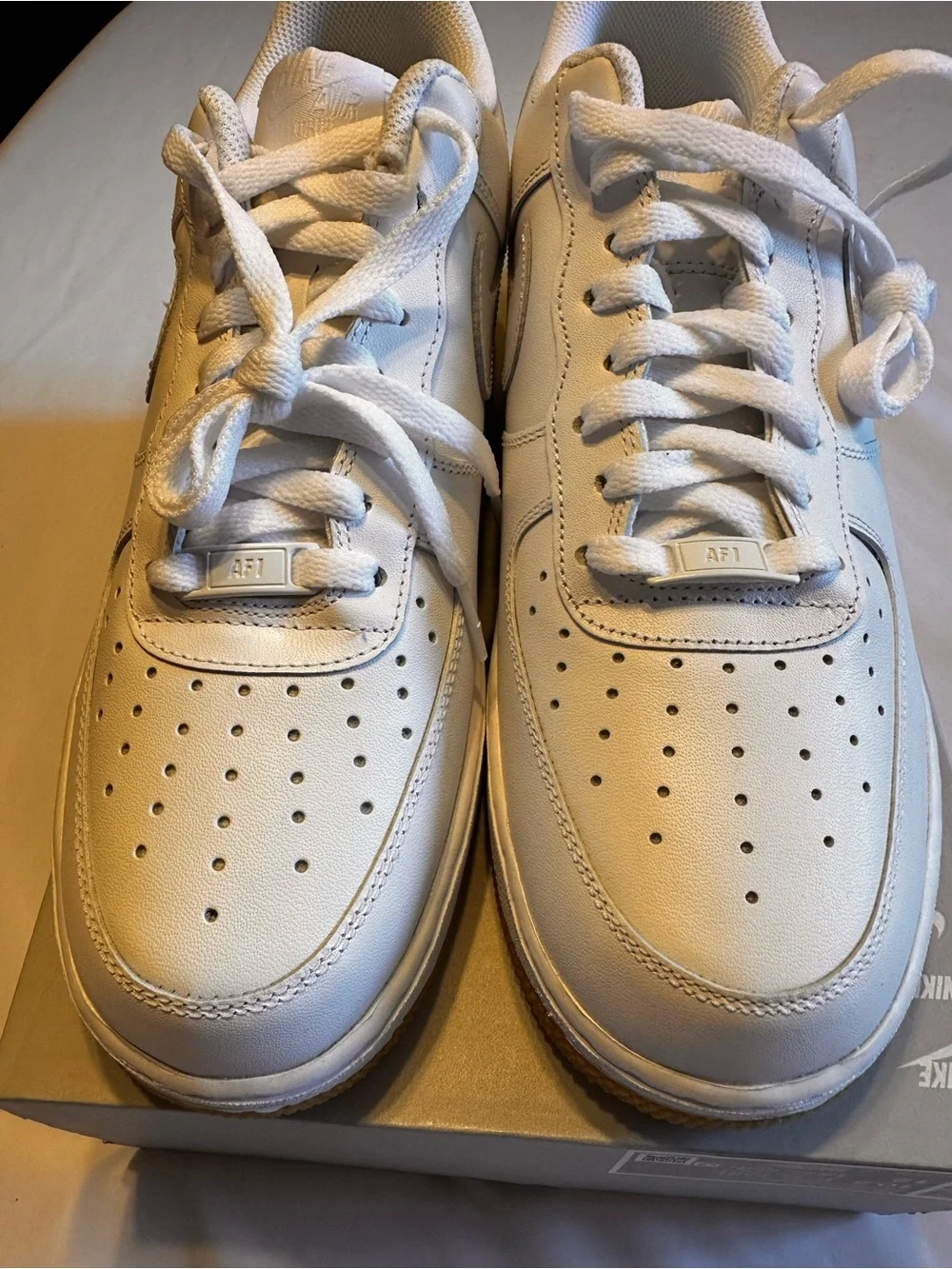 Nike Air Force 1 ‘07 White Leather Low-Top Sneakers with Gum Outsole Box No Lid